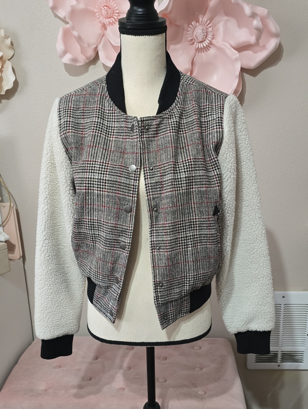Charlotte Russe Plaid Bomber Jacket with Cream Sherpa Sleeves
